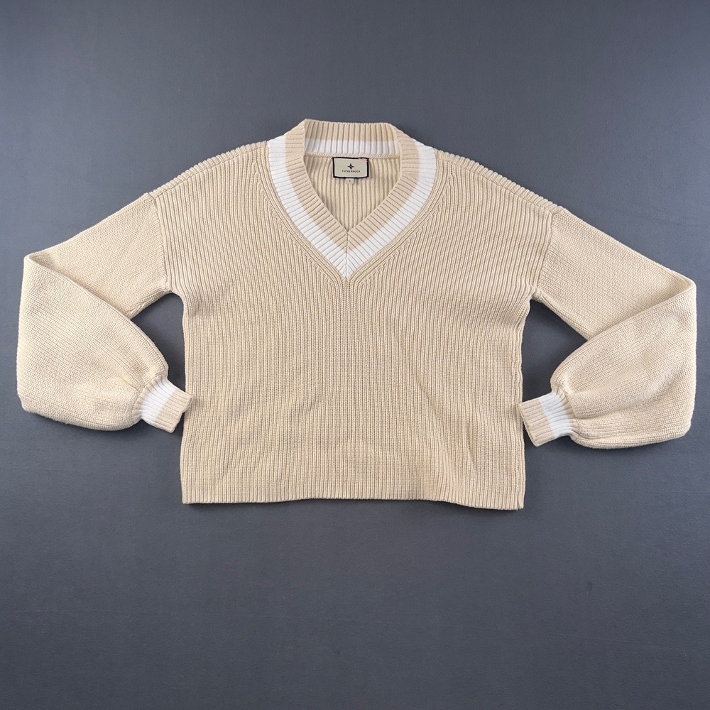 Tuckernuck Sandstone Ashe Sweater Beige V-Neck Cotton Knit Lantern Sleeve Small